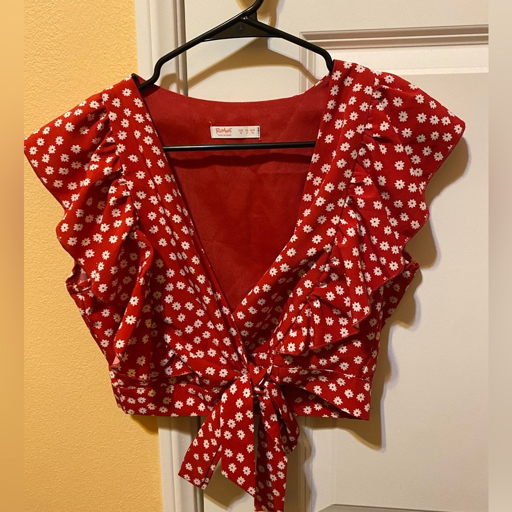 Red tie front top with white flowers from romwe